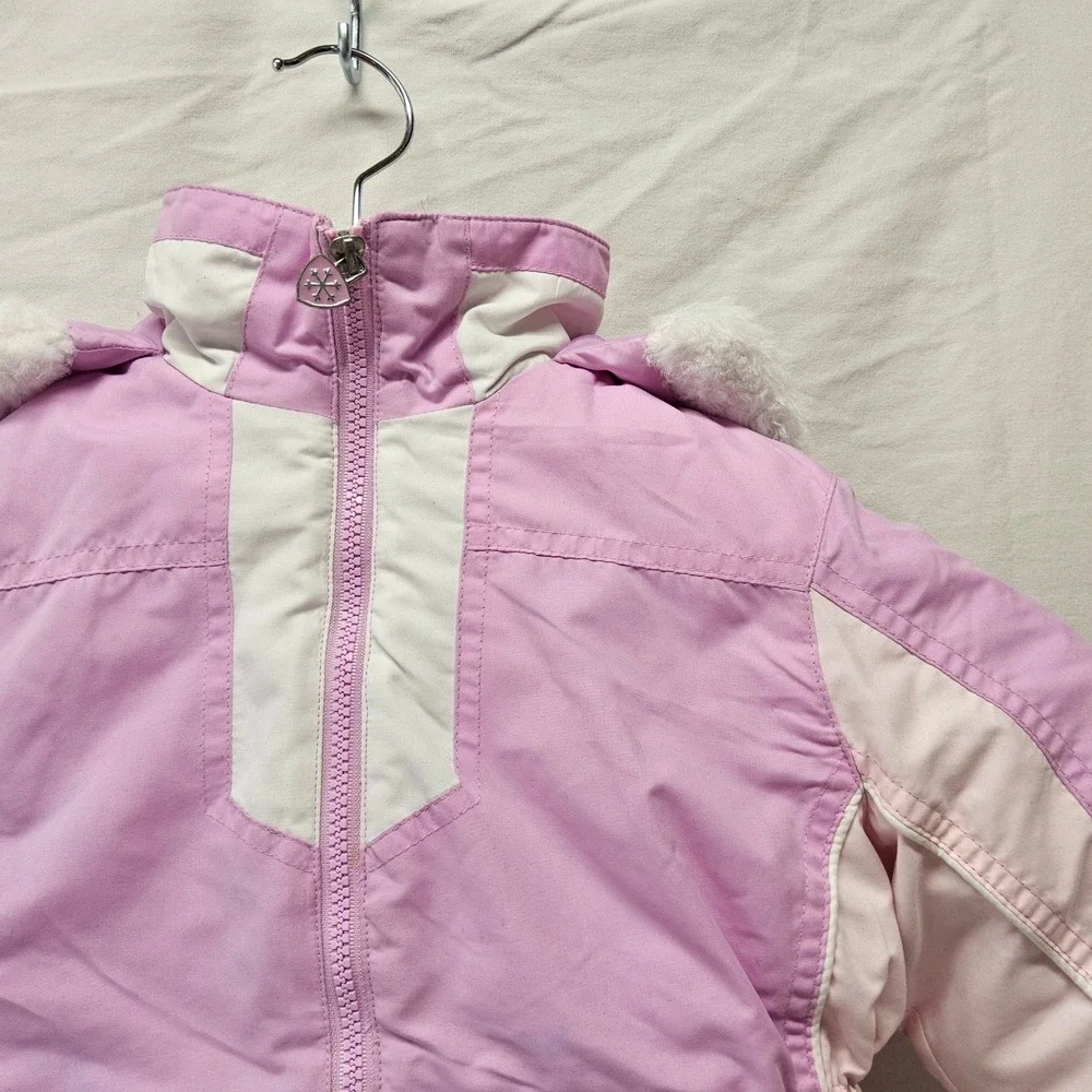 London Fog Puffer Jacket Kids 4T‎ Pink Colorblock Faux Fur Hood Full Zip Coat